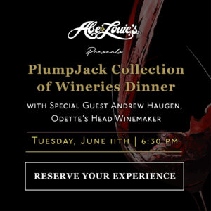 Plump Jack Wine Dinner graphic, leads to reservstions