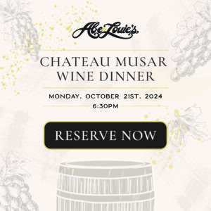 Chateau Musar Wine Dinner Monday, October 21st 2024 6:30PM CTA Button: Reserve Now leads to tock websire